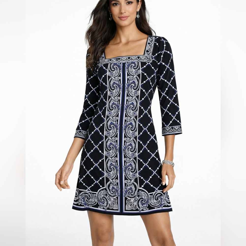 White House Black Market Black & White Print Dress Size Small Square Neck